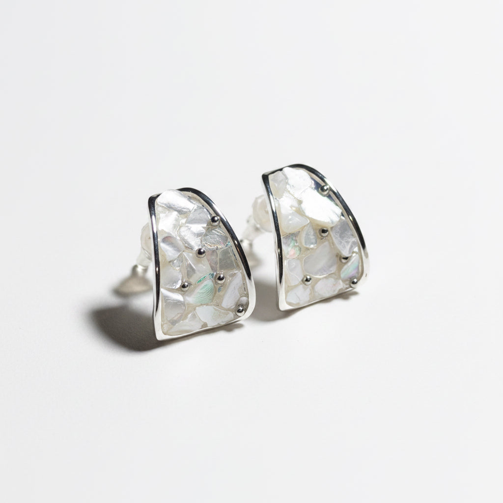 Geometric Silver-Edged Crushed Stone Inlay Earrings