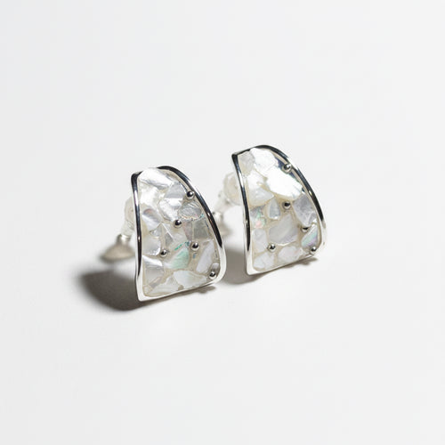 Geometric Silver-Edged Crushed Stone Inlay Earrings