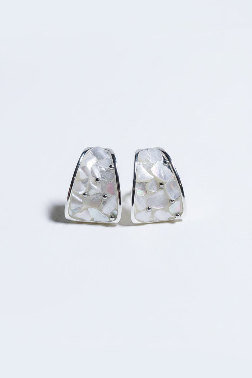 Geometric Silver-Edged Crushed Stone Inlay Earrings