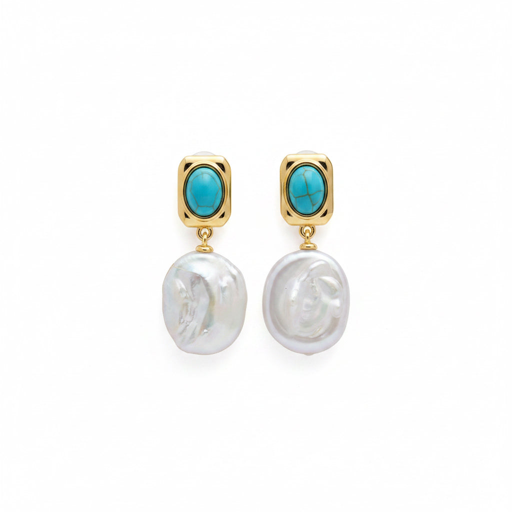 Vintage Gold-Edged Turquoise x Baroque Pearl Drop Earrings